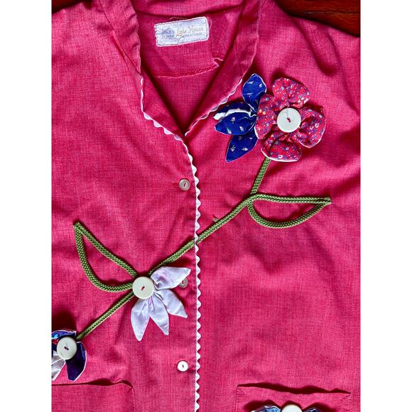 Vintage 70’s Little House Creation Red White Appliqué Whimsy Blouse Large Hippie - Picture 4 of 6